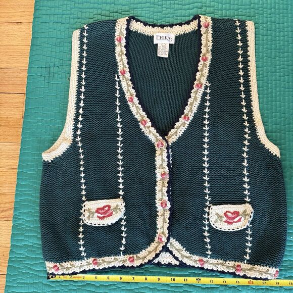 Vintage Erika Floral Embroidered Vest Women L Green Roses Cotton Cottagecore 90s - Picture 7 of 16